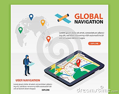 Global Navigation. Flat 3d isometric mobile GPS navigation maps vector. World silhouette pin. Tablet with gps navigator. Vector Illustration