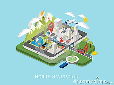 Flat 3d isometric mobile navigation illustration Vector Illustration