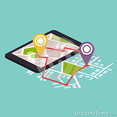 Flat 3d isometric mobile navigation maps infographic. Paper map Vector Illustration