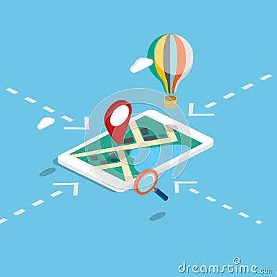 Flat 3d isometric mobile navigation maps infographic. Vector Illustration