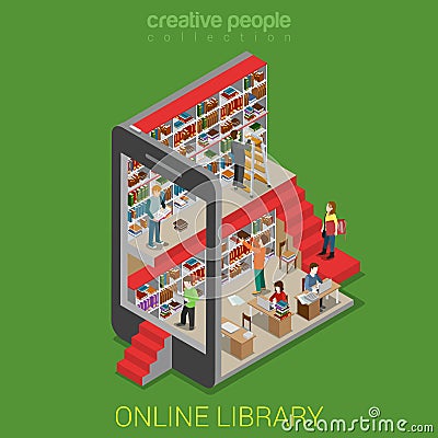 Flat 3d isometric online library lib tablet e-book reading book Vector Illustration