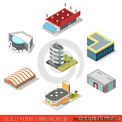 Flat 3d isometric public buildings vector: ice arena mall cinema Vector Illustration