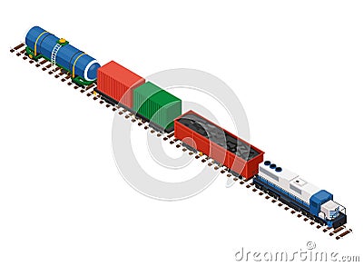 Flat 3d isometric railroad locomotive carriage cistern tank, containers Vector Illustration