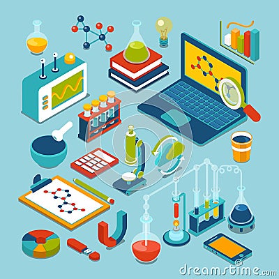 Flat 3d isometric science research objects icon set Vector Illustration
