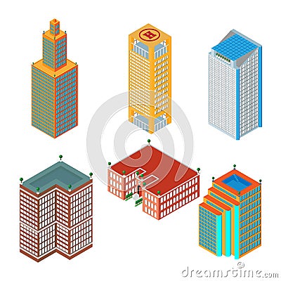 Flat 3d isometric set of colored skyscrapers, buildings, school. Isolated on white background. for games maps. Vector Illustration