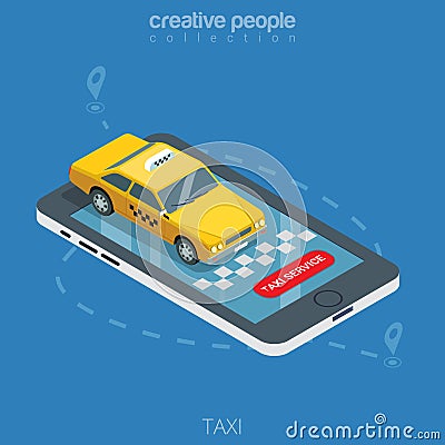 Flat 3d isometric taxi phone online mobile order Vector Illustration