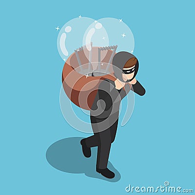 Isometric thief stolen light bulb of idea and carrying on his ba Vector Illustration