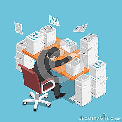 Isometric tired businessman asleep at office desk with the pile Vector Illustration