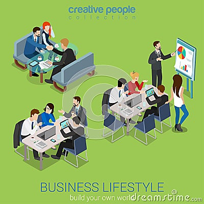 Flat 3d isometric vector business office life: teamwork meeting Vector Illustration