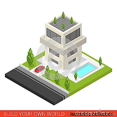 Flat 3d isometric vector condo hostel pool building block Vector Illustration