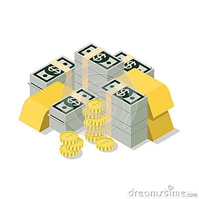 Flat 3d isometric vector heap dollar banknote coin golden web Vector Illustration
