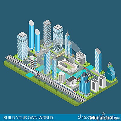 Flat 3d isometric vector megalopolis city skyscrapers office Vector Illustration