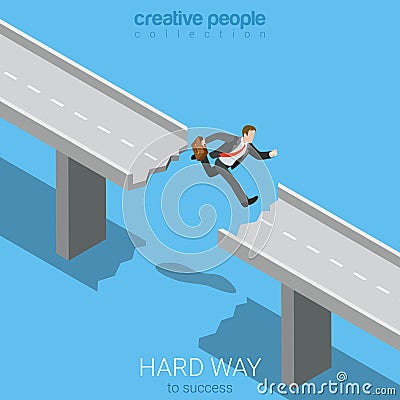 Flat 3d isometric vector way to success businessman jump abyss Vector Illustration