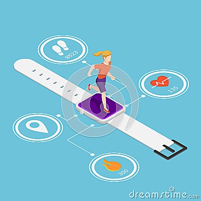 Isometric woman running on smartwatch Vector Illustration