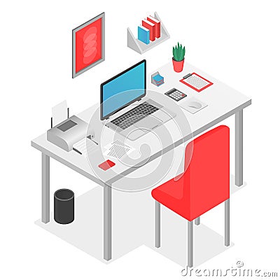 Flat 3d isometric workspace concept with laptop on the table vector illustration. Vector Illustration