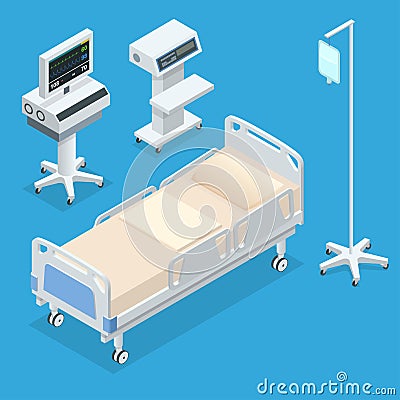 Flat 3D vector illustration Isometric interior of hospital room. Hospital room with beds and comfortable medical Vector Illustration