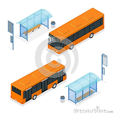 Flat 3d vector Isometric illustration of a bus and bus stop. Public transportation Vector Illustration