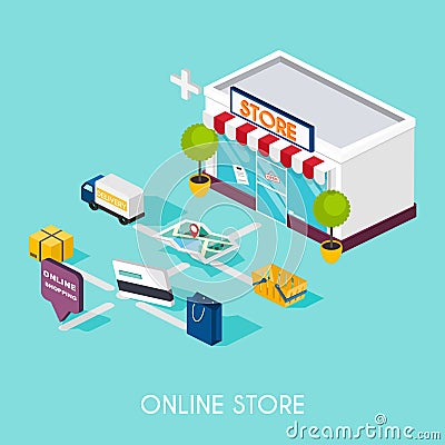 Flat 3d web isometric online shopping. E-commerce, electronic Vector Illustration