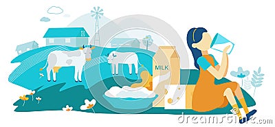 Flat Dairy Cow Family Farm Vector Illustration. Vector Illustration