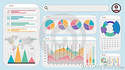 Flat dashboard layout featuring global analytics with pie charts, world map, calendar, and data layers. Vector Illustration