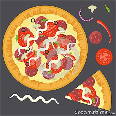 Flat delicious colorful full pizza with triangle slice and ingredients salami, mushrooms, tomato, pepper Stock Photo