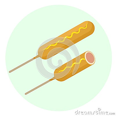 Flat delicious corn dog with sausage in dough and mustard icon Stock Photo