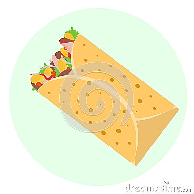 Flat delicious mexican burrito with chicken meet, corn and kidney bean in tortilla icon Stock Photo