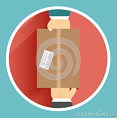 Flat delivery box and two hand Vector Illustration