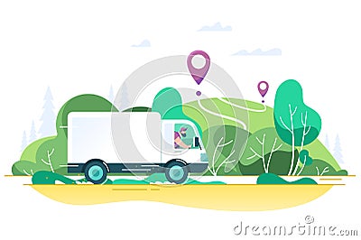 Flat delivery truck with man is carrying parcels on points. Vector Illustration