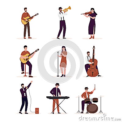 Flat design of artists playing music instruments illustrations set Cartoon Illustration