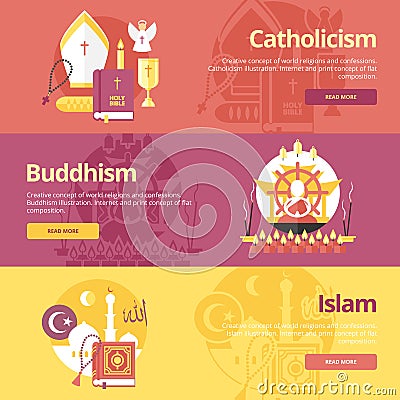 Flat design banner concepts for islam, buddhism, catholicism. Religion concepts for web banners. Vector Illustration