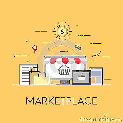 Flat design banner of E-Commerce and E-Shopping for website and mobile website. Marketplace. Easy to use and highly Vector Illustration