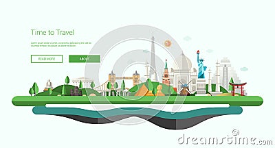 Flat design banner, header illustration with world famous landmarks Vector Illustration