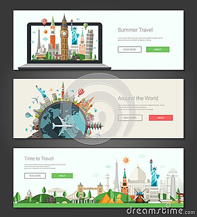 Flat design banners, headers set illustration with world famous landmarks Vector Illustration