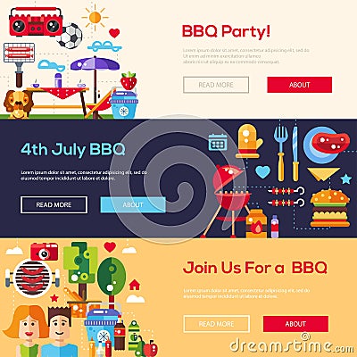 Flat design barbecue and summer picnic banners set Vector Illustration
