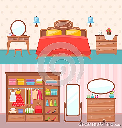 Flat design bedroom interior. Vector illustration. Modern furniture, bunk bed, carpet, table lamp. Baby room with toys. Vector Illustration