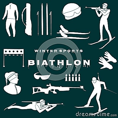 Flat design biathlon white symbols on aquamarine background Vector Illustration
