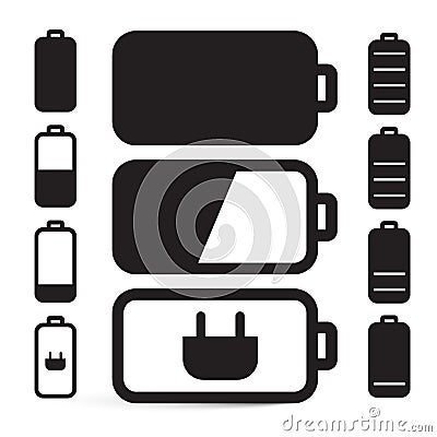 Flat Design Black Battery Life Vector Icons Set Vector Illustration