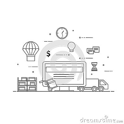 Flat design black and white vector illustration concept for delivery service, e-commerce, online shopping, receiving Vector Illustration
