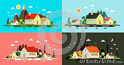 Flat Design Buildings. Night and Day Abstract Towns Set. Vector Illustration