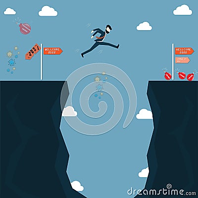 Flat design of business adaption,The businessman jumping over the ravine and faces the crisis - vector Vector Illustration