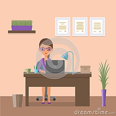 Flat design business female character and workplace. Vector illustration. Vector Illustration