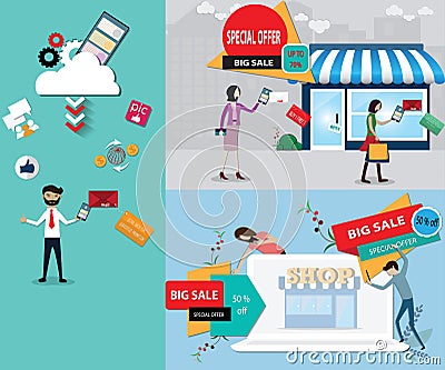 Flat design of business success concept,The business owner creating ads with good message for attraction the consumers - Vector Vector Illustration