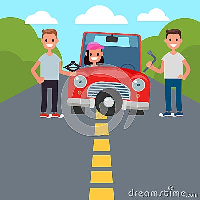 Flat Design Car Driving Characters. Car sharing. flat tire change. Vector Vector Illustration