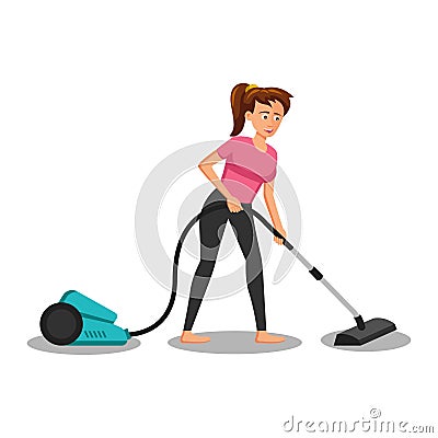 Flat design of cartoon character of woman vacuuming Vector Illustration