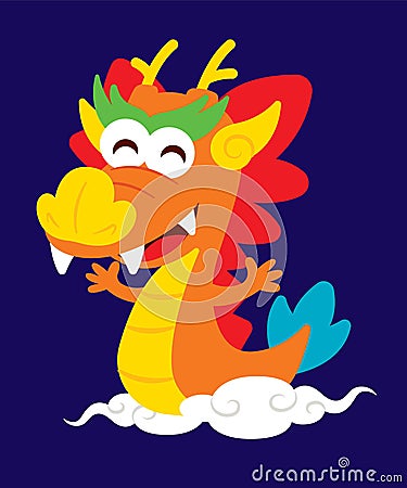 Flat design cartoon cute chinese dragon riding on oriental clouds. Year of the Dragon zodiac 2024. Vector Illustration