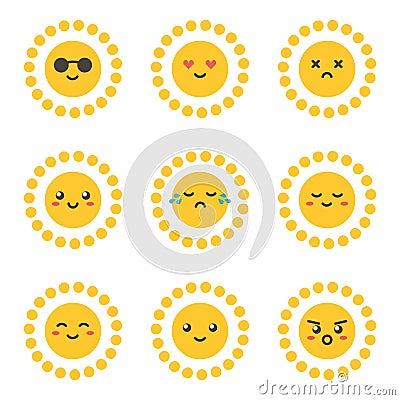 Flat design cartoon cute sun character with different facial expressions, emotions Vector Illustration