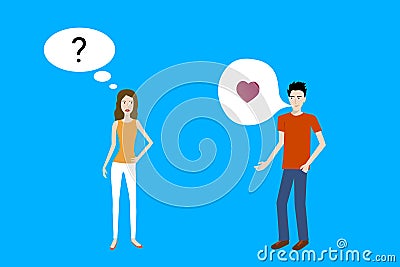 Flat design cartoon vector of a boy attracted to a confused girl and speaking with heart sign. Vector Illustration