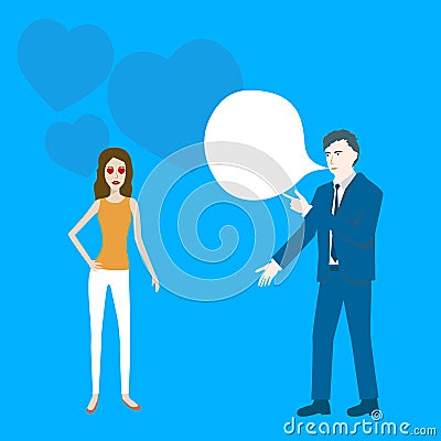 Flat design cartoon vector of a girl with heart signs attracted to a speaking businessman. Vector Illustration