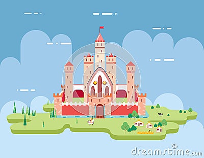 Flat Design Castle Cartoon Magic Fairytale Icon Vector Illustration